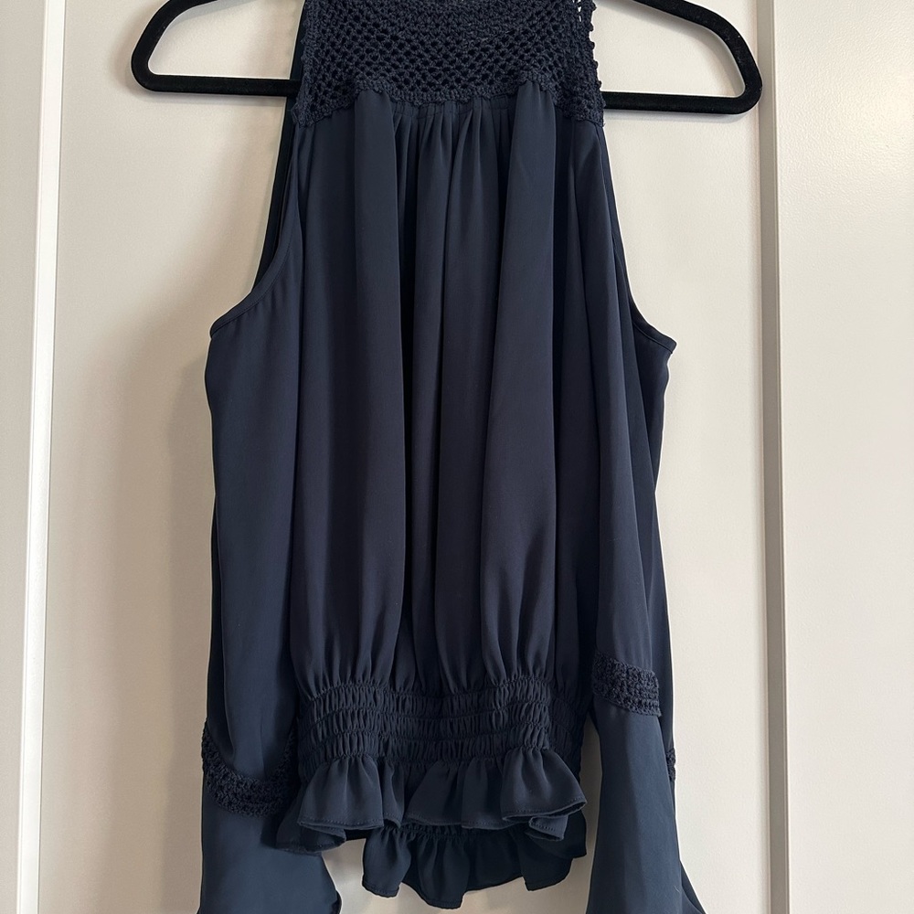 Crochet Cold-Shoulder Blouse in Navy - Picture 3 of 4